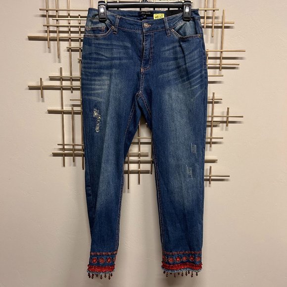 NWT! John Mark Skinny Embroidered Beaded Fringe Skinny Jeans - size 4 - Picture 1 of 8